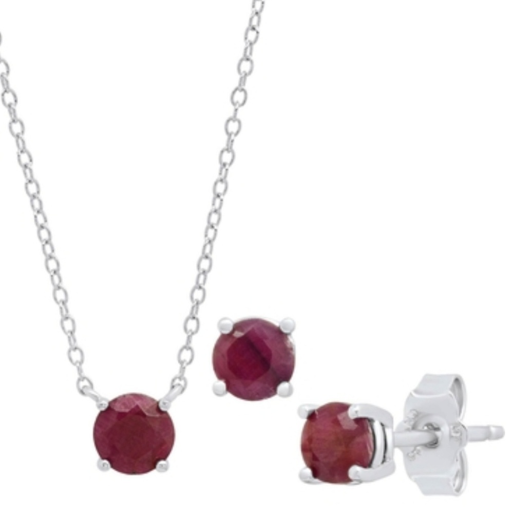 Silver genuine Ruby earrings and 18in pendant set